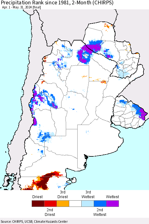Southern South America Precipitation Rank since 1981, 2-Month (CHIRPS) Thematic Map For 4/1/2024 - 5/31/2024