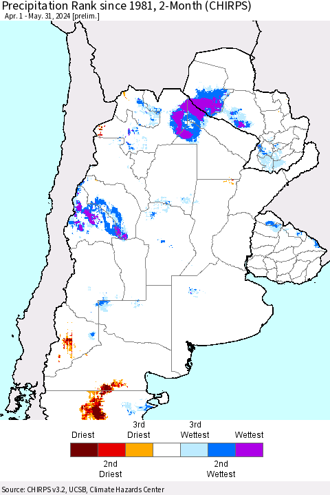 Southern South America Precipitation Rank since 1981, 2-Month (CHIRPS) Thematic Map For 4/1/2024 - 5/31/2024