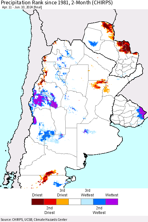 Southern South America Precipitation Rank since 1981, 2-Month (CHIRPS) Thematic Map For 4/11/2024 - 6/10/2024