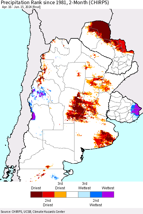 Southern South America Precipitation Rank since 1981, 2-Month (CHIRPS) Thematic Map For 4/16/2024 - 6/15/2024