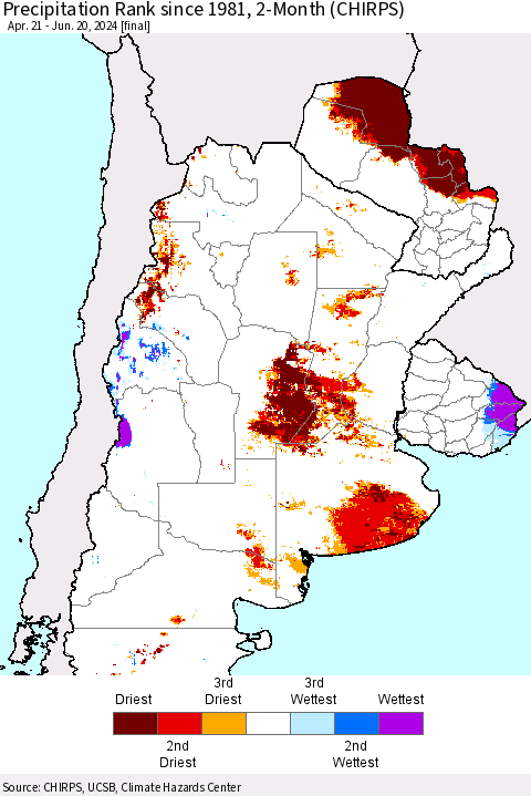 Southern South America Precipitation Rank since 1981, 2-Month (CHIRPS) Thematic Map For 4/21/2024 - 6/20/2024