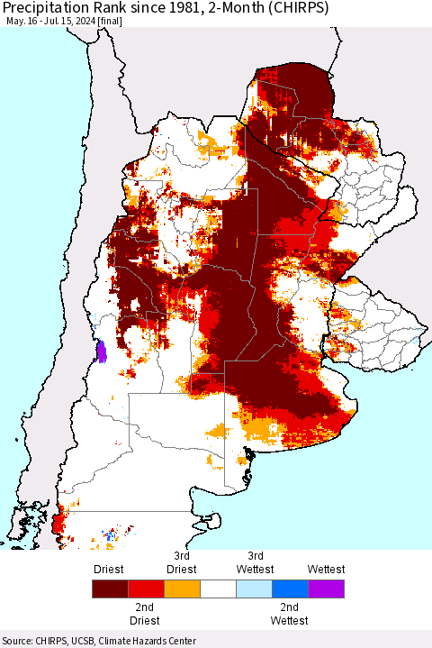 Southern South America Precipitation Rank since 1981, 2-Month (CHIRPS) Thematic Map For 5/16/2024 - 7/15/2024