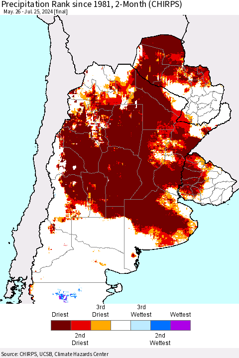 Southern South America Precipitation Rank since 1981, 2-Month (CHIRPS) Thematic Map For 5/26/2024 - 7/25/2024