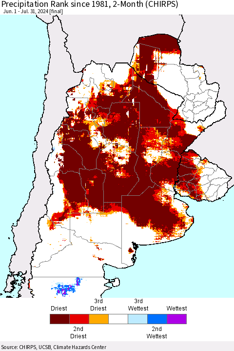 Southern South America Precipitation Rank since 1981, 2-Month (CHIRPS) Thematic Map For 6/1/2024 - 7/31/2024