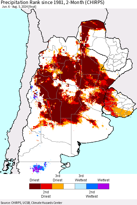 Southern South America Precipitation Rank since 1981, 2-Month (CHIRPS) Thematic Map For 6/6/2024 - 8/5/2024