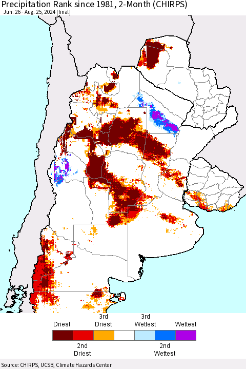 Southern South America Precipitation Rank since 1981, 2-Month (CHIRPS) Thematic Map For 6/26/2024 - 8/25/2024