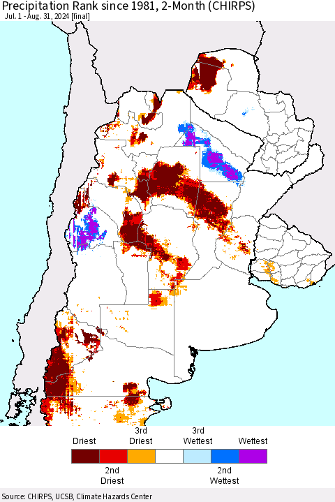 Southern South America Precipitation Rank since 1981, 2-Month (CHIRPS) Thematic Map For 7/1/2024 - 8/31/2024