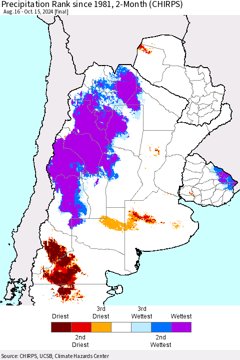Southern South America Precipitation Rank since 1981, 2-Month (CHIRPS) Thematic Map For 8/16/2024 - 10/15/2024