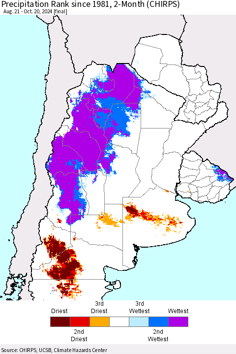 Southern South America Precipitation Rank since 1981, 2-Month (CHIRPS) Thematic Map For 8/21/2024 - 10/20/2024