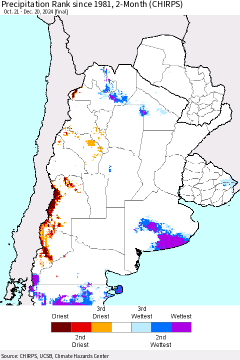 Southern South America Precipitation Rank since 1981, 2-Month (CHIRPS) Thematic Map For 10/21/2024 - 12/20/2024