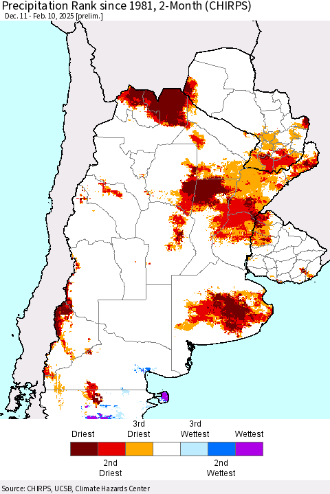 Southern South America Precipitation Rank since 1981, 2-Month (CHIRPS) Thematic Map For 12/11/2024 - 2/10/2025