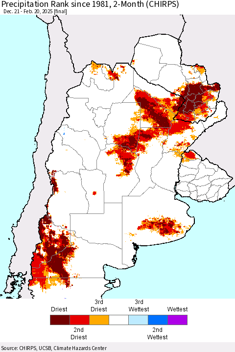 Southern South America Precipitation Rank since 1981, 2-Month (CHIRPS) Thematic Map For 12/21/2024 - 2/20/2025