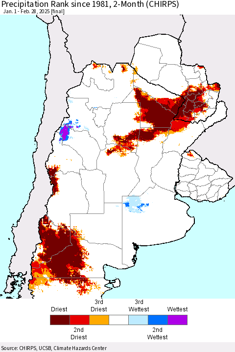 Southern South America Precipitation Rank since 1981, 2-Month (CHIRPS) Thematic Map For 1/1/2025 - 2/28/2025