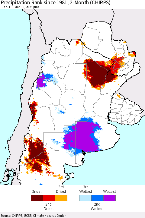 Southern South America Precipitation Rank since 1981, 2-Month (CHIRPS) Thematic Map For 1/11/2025 - 3/10/2025