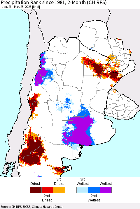 Southern South America Precipitation Rank since 1981, 2-Month (CHIRPS) Thematic Map For 1/26/2025 - 3/25/2025