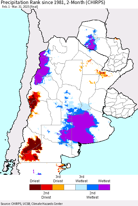 Southern South America Precipitation Rank since 1981, 2-Month (CHIRPS) Thematic Map For 2/1/2025 - 3/31/2025