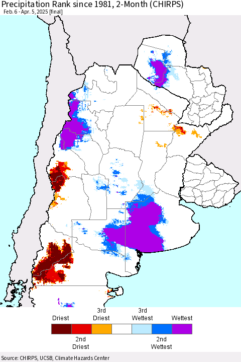 Southern South America Precipitation Rank since 1981, 2-Month (CHIRPS) Thematic Map For 2/6/2025 - 4/5/2025
