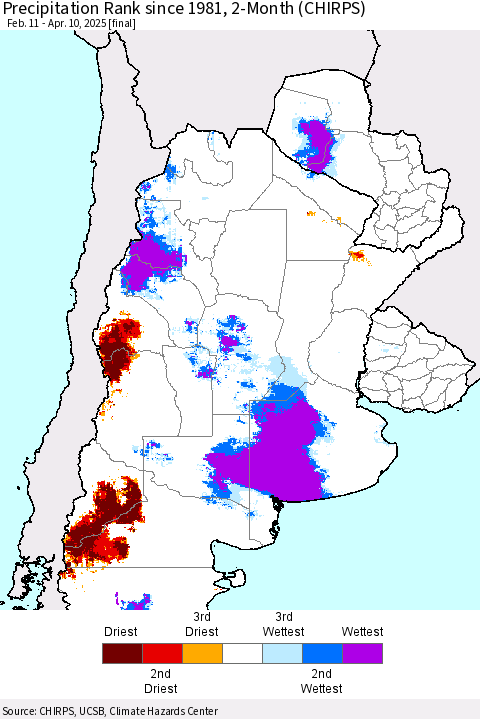 Southern South America Precipitation Rank since 1981, 2-Month (CHIRPS) Thematic Map For 2/11/2025 - 4/10/2025