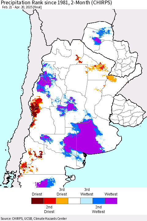 Southern South America Precipitation Rank since 1981, 2-Month (CHIRPS) Thematic Map For 2/21/2025 - 4/20/2025