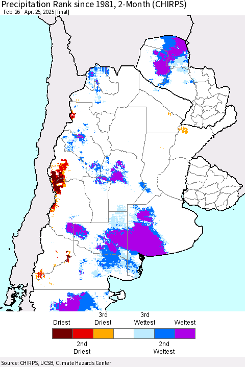 Southern South America Precipitation Rank since 1981, 2-Month (CHIRPS) Thematic Map For 2/26/2025 - 4/25/2025