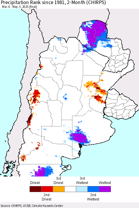Southern South America Precipitation Rank since 1981, 2-Month (CHIRPS) Thematic Map For 3/6/2025 - 5/5/2025