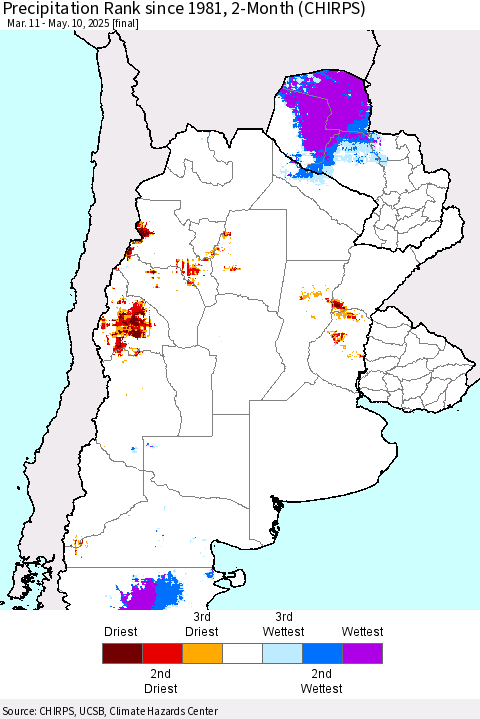 Southern South America Precipitation Rank since 1981, 2-Month (CHIRPS) Thematic Map For 3/11/2025 - 5/10/2025