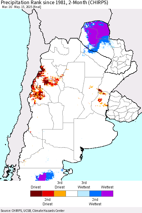 Southern South America Precipitation Rank since 1981, 2-Month (CHIRPS) Thematic Map For 3/16/2025 - 5/15/2025