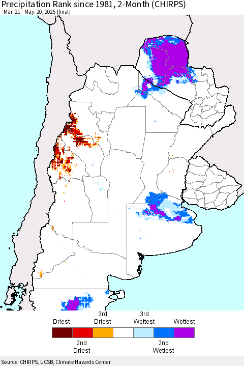 Southern South America Precipitation Rank since 1981, 2-Month (CHIRPS) Thematic Map For 3/21/2025 - 5/20/2025
