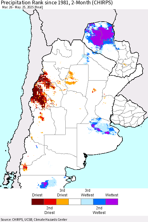 Southern South America Precipitation Rank since 1981, 2-Month (CHIRPS) Thematic Map For 3/26/2025 - 5/25/2025