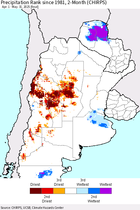 Southern South America Precipitation Rank since 1981, 2-Month (CHIRPS) Thematic Map For 4/1/2025 - 5/31/2025