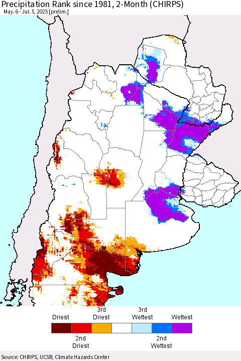 Southern South America Precipitation Rank since 1981, 2-Month (CHIRPS) Thematic Map For 5/6/2025 - 7/5/2025