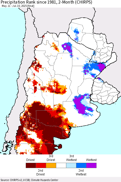 Southern South America Precipitation Rank since 1981, 2-Month (CHIRPS) Thematic Map For 5/11/2025 - 7/10/2025