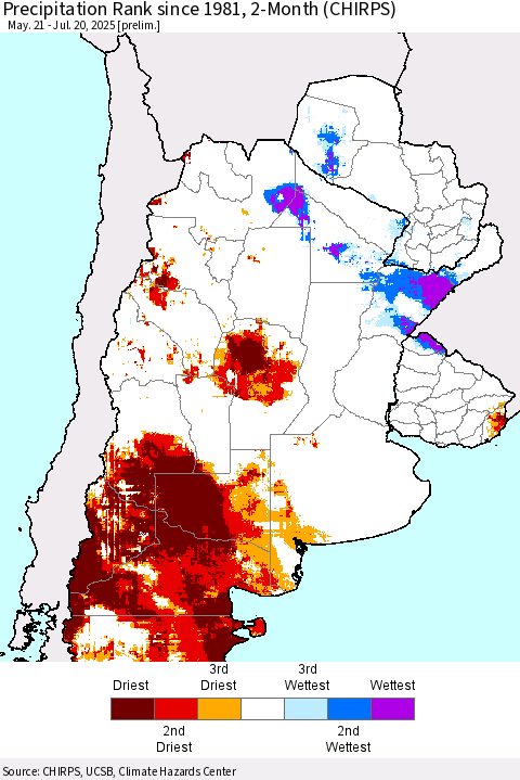 Southern South America Precipitation Rank since 1981, 2-Month (CHIRPS) Thematic Map For 5/21/2025 - 7/20/2025