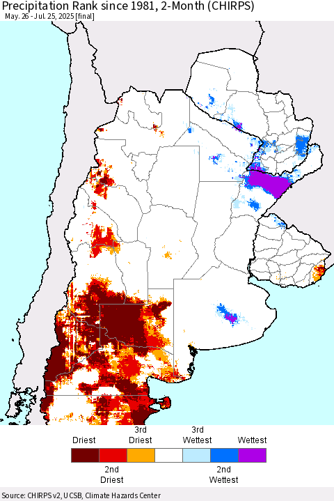 Southern South America Precipitation Rank since 1981, 2-Month (CHIRPS) Thematic Map For 5/26/2025 - 7/25/2025