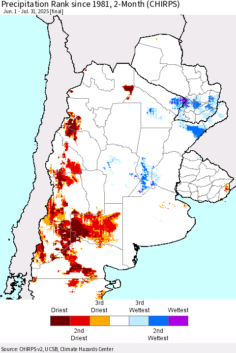 Southern South America Precipitation Rank since 1981, 2-Month (CHIRPS) Thematic Map For 6/1/2025 - 7/31/2025