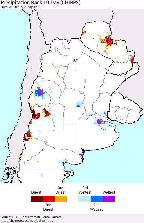 Southern South America Precipitation Rank since 1981, 10-Day (CHIRPS) Thematic Map For 12/26/2019 - 1/5/2020