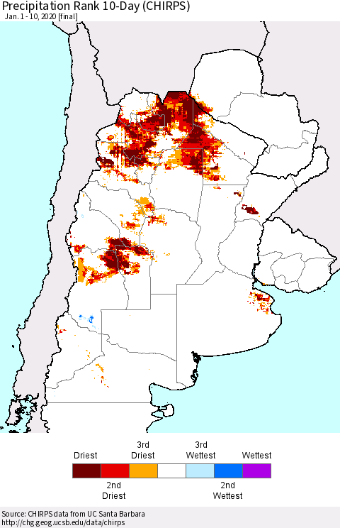 Southern South America Precipitation Rank since 1981, 10-Day (CHIRPS) Thematic Map For 1/1/2020 - 1/10/2020