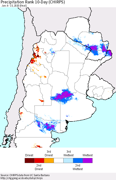 Southern South America Precipitation Rank since 1981, 10-Day (CHIRPS) Thematic Map For 1/6/2020 - 1/15/2020