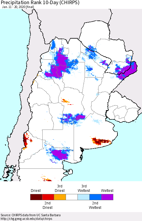 Southern South America Precipitation Rank since 1981, 10-Day (CHIRPS) Thematic Map For 1/11/2020 - 1/20/2020