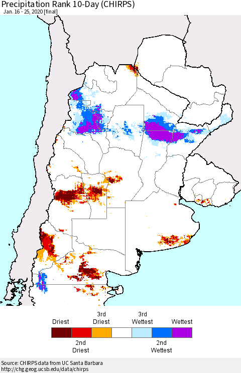 Southern South America Precipitation Rank since 1981, 10-Day (CHIRPS) Thematic Map For 1/16/2020 - 1/25/2020
