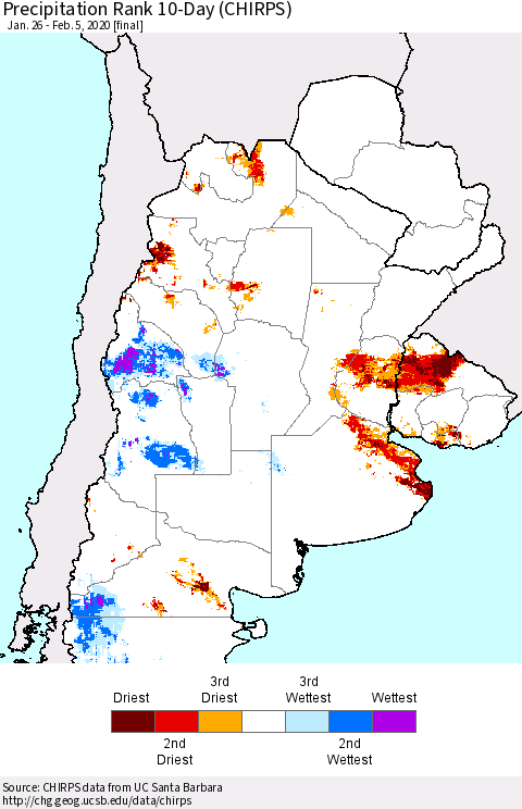Southern South America Precipitation Rank since 1981, 10-Day (CHIRPS) Thematic Map For 1/26/2020 - 2/5/2020
