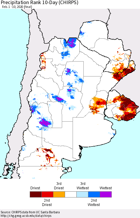 Southern South America Precipitation Rank since 1981, 10-Day (CHIRPS) Thematic Map For 2/1/2020 - 2/10/2020