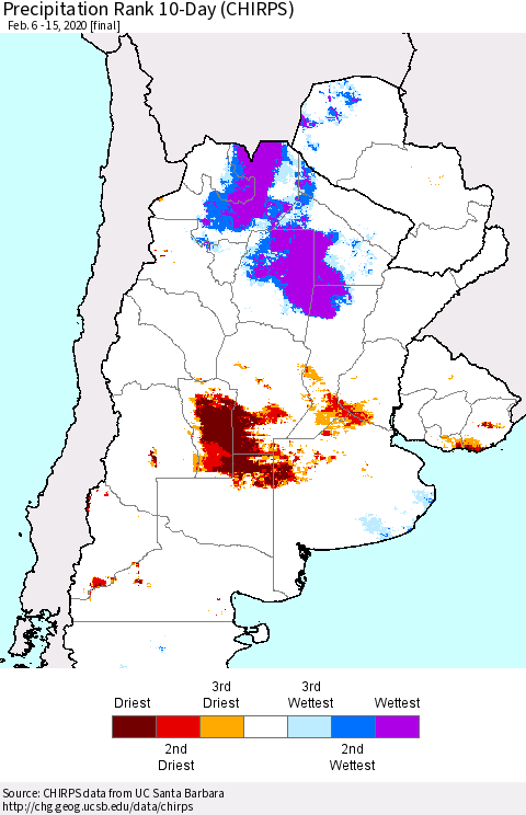 Southern South America Precipitation Rank since 1981, 10-Day (CHIRPS) Thematic Map For 2/6/2020 - 2/15/2020