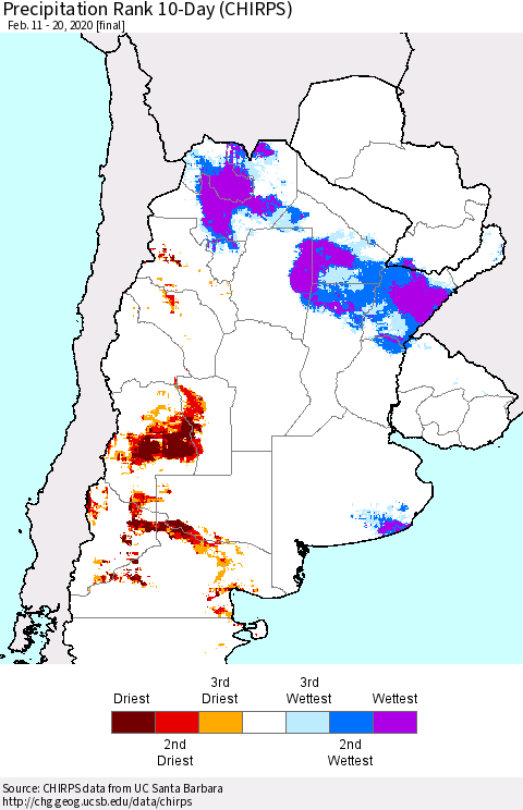 Southern South America Precipitation Rank since 1981, 10-Day (CHIRPS) Thematic Map For 2/11/2020 - 2/20/2020