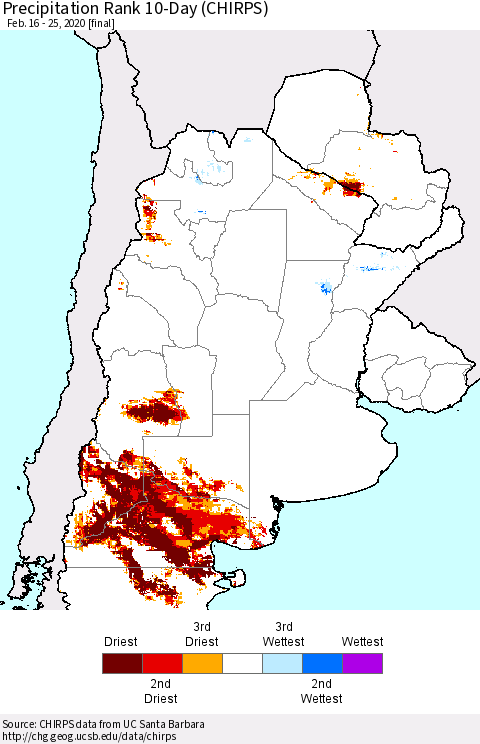 Southern South America Precipitation Rank since 1981, 10-Day (CHIRPS) Thematic Map For 2/16/2020 - 2/25/2020