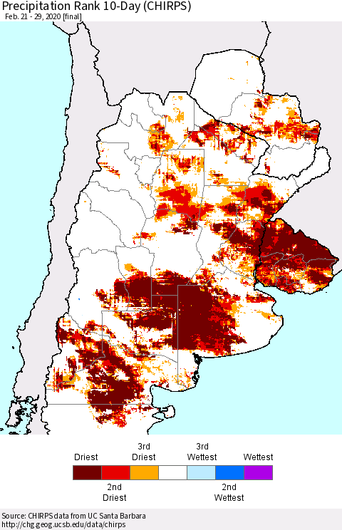 Southern South America Precipitation Rank since 1981, 10-Day (CHIRPS) Thematic Map For 2/21/2020 - 2/29/2020