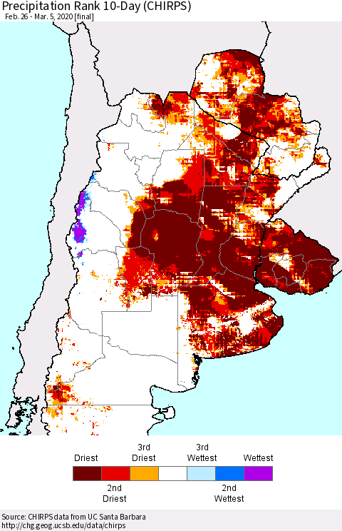 Southern South America Precipitation Rank since 1981, 10-Day (CHIRPS) Thematic Map For 2/26/2020 - 3/5/2020