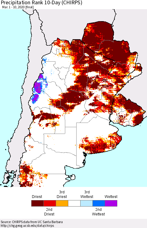 Southern South America Precipitation Rank since 1981, 10-Day (CHIRPS) Thematic Map For 3/1/2020 - 3/10/2020