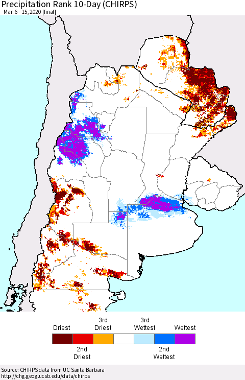 Southern South America Precipitation Rank since 1981, 10-Day (CHIRPS) Thematic Map For 3/6/2020 - 3/15/2020
