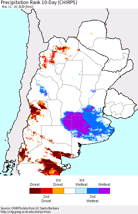 Southern South America Precipitation Rank since 1981, 10-Day (CHIRPS) Thematic Map For 3/11/2020 - 3/20/2020
